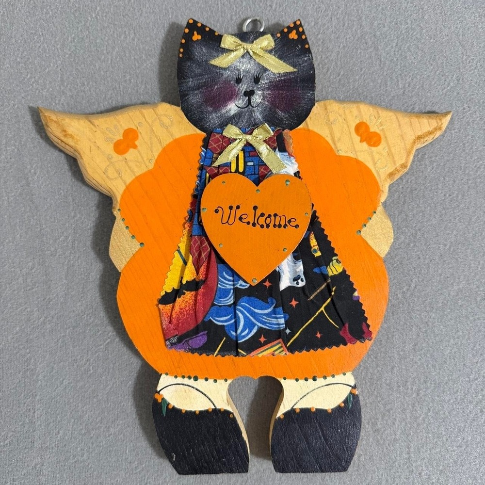 JDI Black Cat Pumpkin Welcome Wall Decor Vintage 90s Folk Art Halloween Kitsch